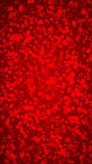 Caída mágica de nieve trasfondo navideño Flocos de nieve voladores sutiles y estrellas en el fondo rojo navideño Caída mágica de nieve paisaje navideño Ilustración vectorial vertical