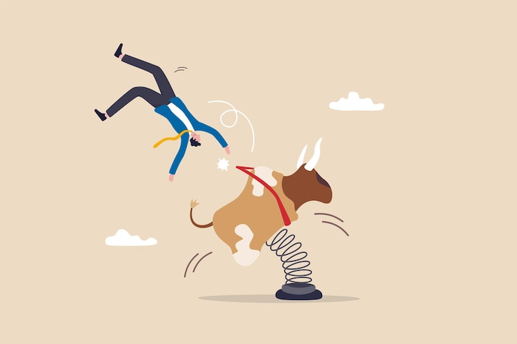 Vector caída del mercado de valores o carrera de toros criptográficos, falla de inversión o crisis financiera, error del comerciante que causa el concepto de pérdida de dinero, inversionista empresario frustrado o comerciante que cae de un toro de rodeo furioso.