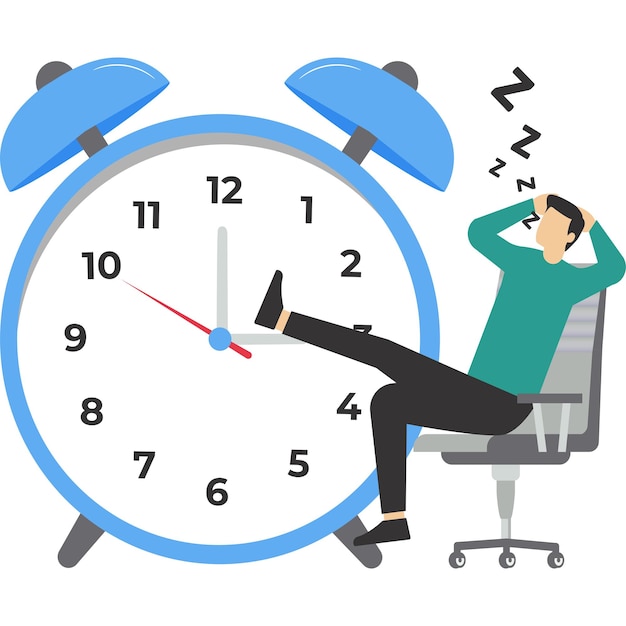 Vector caída nocturna, aburrimiento y concepto de trabajo somnoliento, pereza y retraso en el trabajo que se realizará más tarde durmiendo
