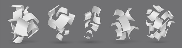 Caída de papel páginas voladoras realistas hojas blancas 3d voladas cartas de papeleo claras grupo de documentos vacíos curvos aislados conjunto de notas sueltas vectoriales con bordes rizados