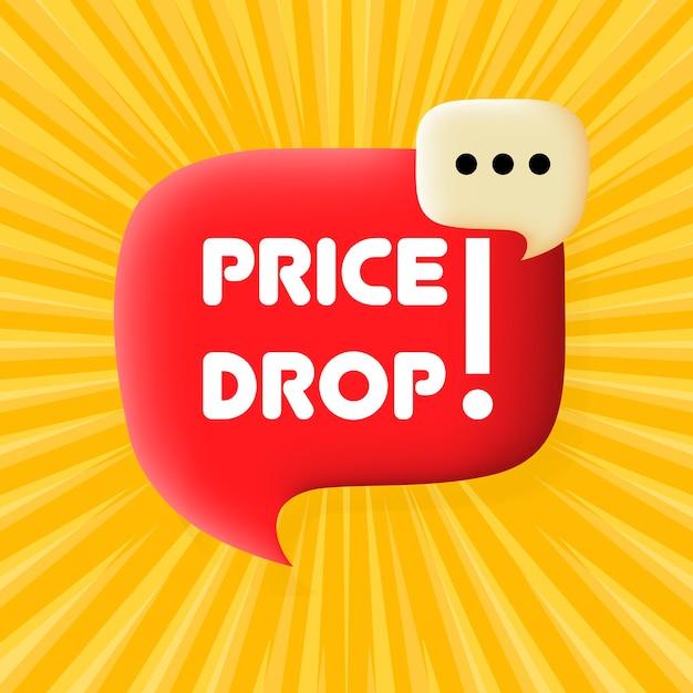 Caída de precio Burbuja de voz con texto de caída de precio Concepto de negocio Ilustración 3d Fondo de espiral Icono de línea vectorial para Negocios y Publicidad