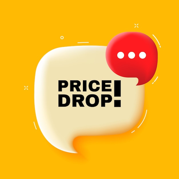 Caída de precio Burbuja de voz con texto de caída de precio Ilustración 3d Estilo de arte pop Icono de línea vectorial para negocios y publicidad