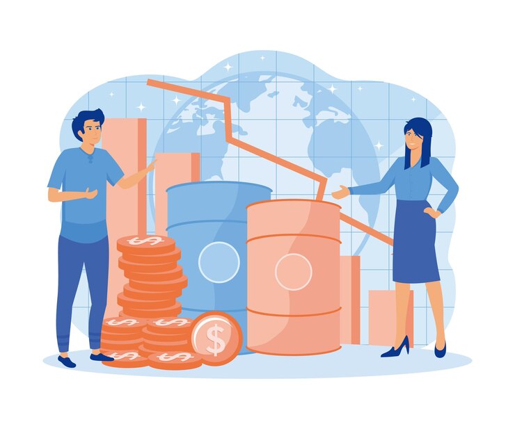 Vector la caída de los precios del petróleo concepto de análisis de datos de la gente con flechas hacia abajo