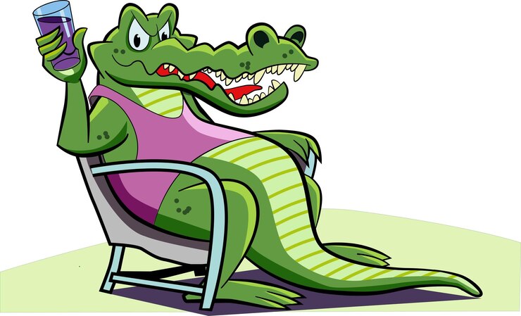 Vector caiman sentado en su tumbona brindando con jugo de uvas