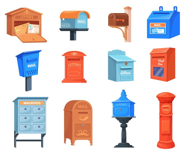 Vector caixas postales de dibujos animados cajas postales coloridas cajaspostales para recibir cartas en la oficina de correos o en el apartamento cajas de correo de correo de entrega ilustración vectorial ordenada