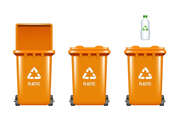Caixas de reciclaje para plásticos Contenedor para plásticos Cajas de basura naranja Ilustración vectorial