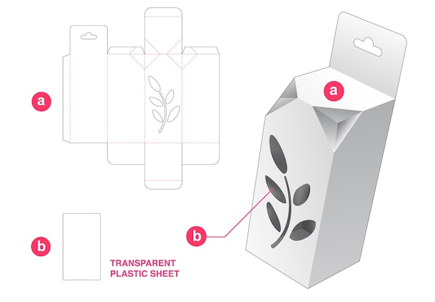 Vector caja de 2 esquinas biseladas y ventana de hojas con plantilla troquelada de lámina de plástico transparente