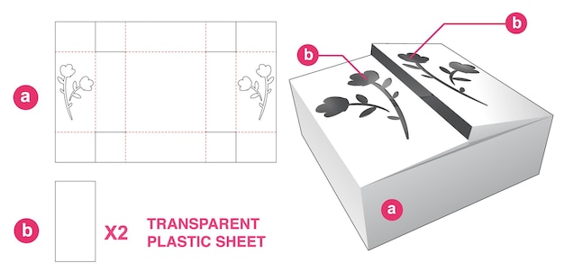 Vector caja de 2 solapas con ventanas de flores de iconos y plantilla troquelada de lámina de plástico transparente