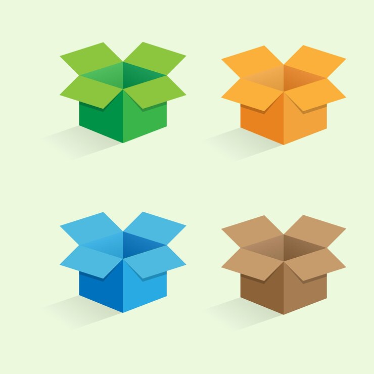 Caja 3D con cuatro variaciones de color Vector libre