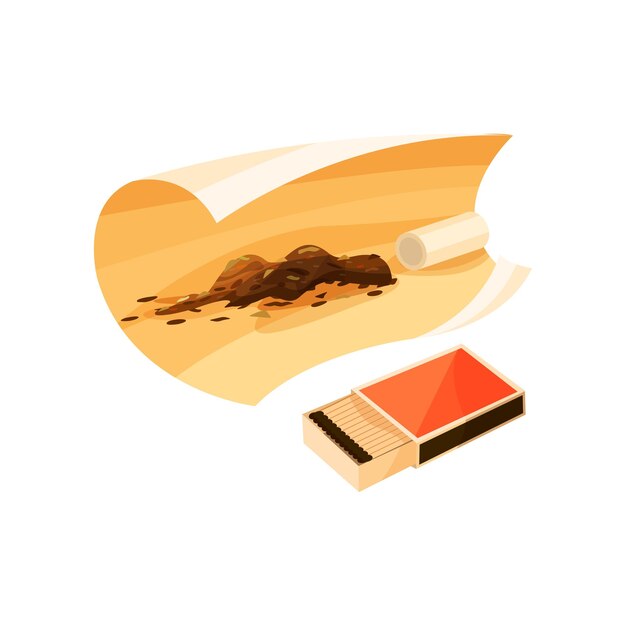 Caja abierta de cerillas y papel de enrollar para cigarrillos con tabaco y filtro Artículos para fumar Elemento gráfico para cartel o pancarta Ilustración vectorial plana colorida aislada sobre fondo blanco