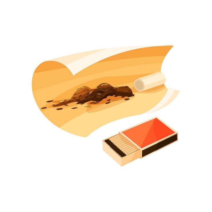 Vector caja abierta de cerillas y papel de enrollar para cigarrillos con tabaco y filtro artículos para fumar elemento gráfico para cartel o pancarta ilustración vectorial plana colorida aislada sobre fondo blanco