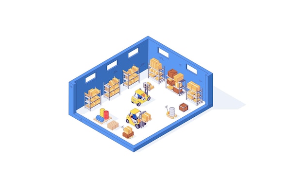 Caja de almacén isométrica palet paquete palet e ilustración de fábrica de montacargas