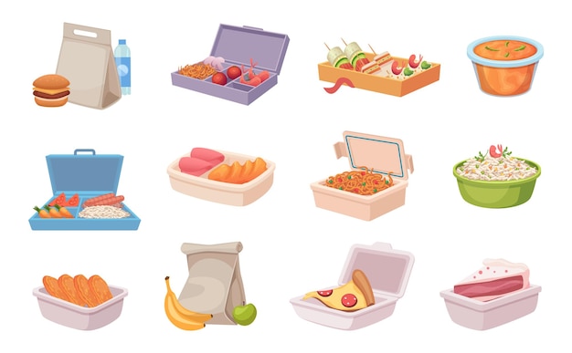 Vector caja de almuerzo con alimentos contenedores para productos frescos y saludables que transportan ilustraciones de dibujos animados vectoriales exactas aisladas