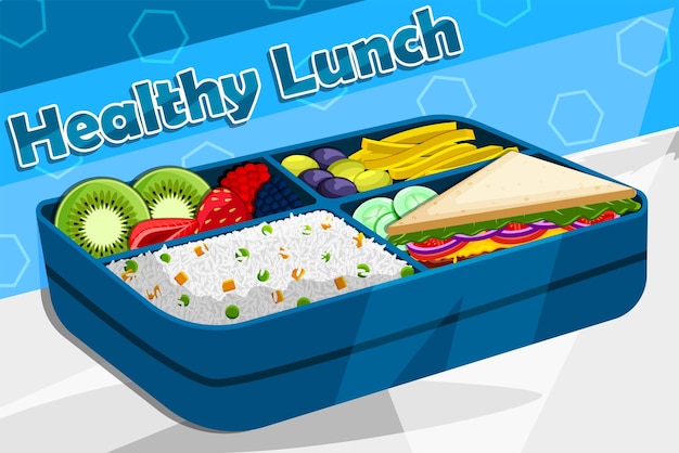 Caja de almuerzo escolar saludable y delicioso para niños con sándwiches de arroz, papas fritas y frutas