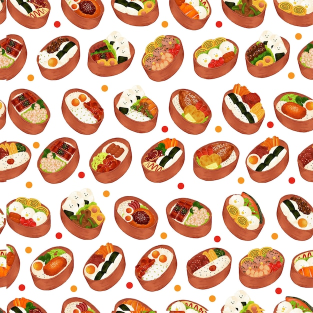 Caja de almuerzo japonesa Bento Onigiri Ilustración Patrón sin costuras