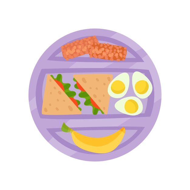 Caja de almuerzo redonda púrpura con sándwiches huevos hervidos plátano y postres de chocolate Comida apetitosa bandeja de plástico con comida Ilustración vectorial colorida en estilo plano aislada sobre fondo blanco