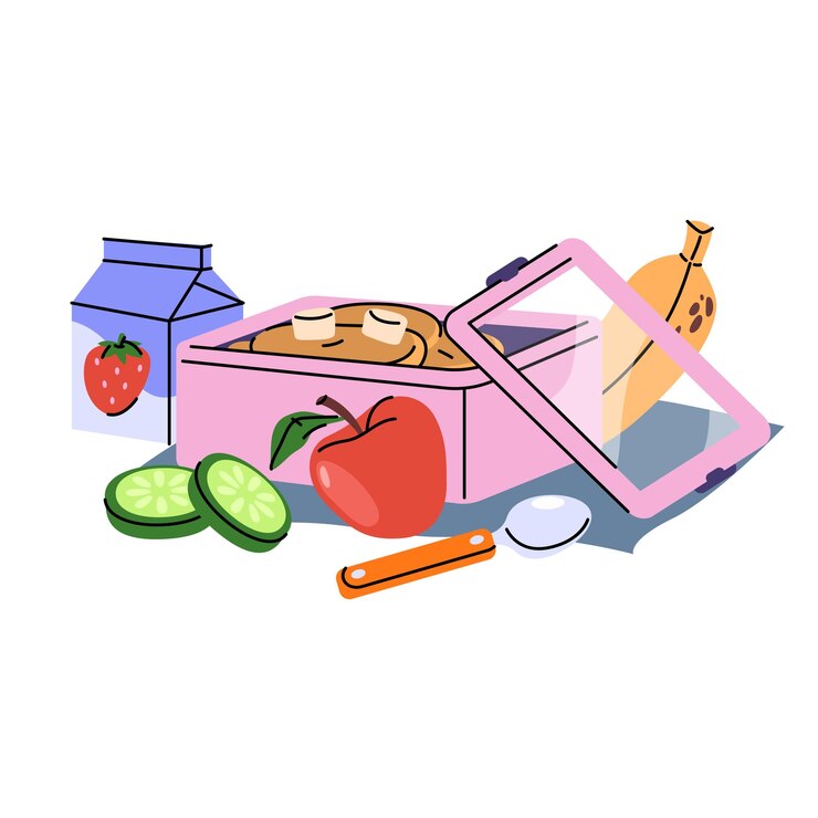 Vector caja de almuerzo vegetariana con comida o bocadillo recipiente de alimentos vectoriales con dieta equilibrada y orgánica casera