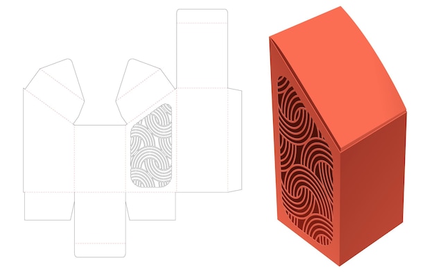 Caja alta inclinada con plantilla troquelada de ventana de patrón curvo y maqueta 3d