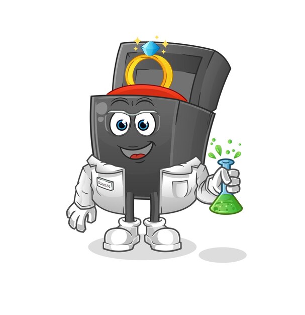 Caja de anillo científico personaje de dibujos animados mascota