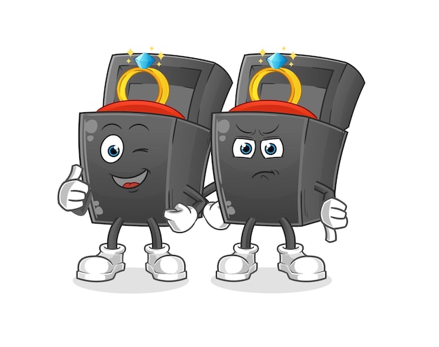 Caja de anillo pulgares hacia arriba y pulgares hacia abajo mascota de dibujos animados vectorxA