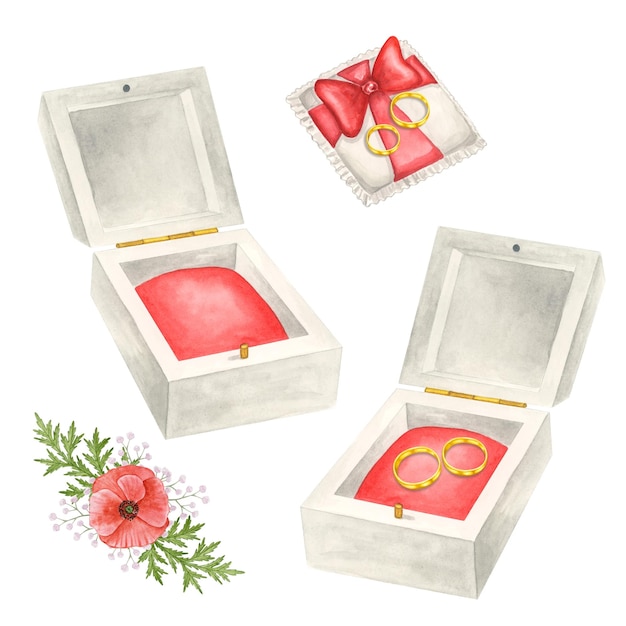 Una caja con anillos una almohada con anillos para una boda Ilustraciones de boda dibujadas a mano en acuarela