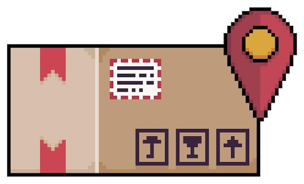 Caja de arte de píxeles con un icono de paquete de pin de ubicación GPS con pin de ubicación en estilo de 8 bits