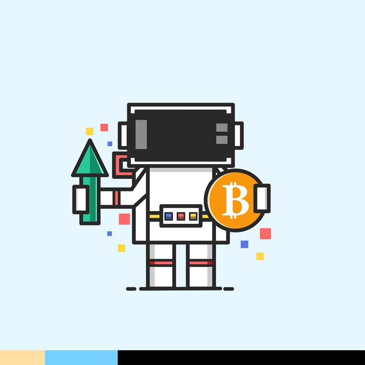 Vector caja de astronauta con bitcoins y flechas ascendentes