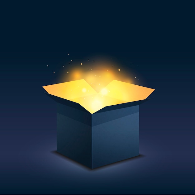 Caja azul con luz dorada mágica sobre fondo oscuro