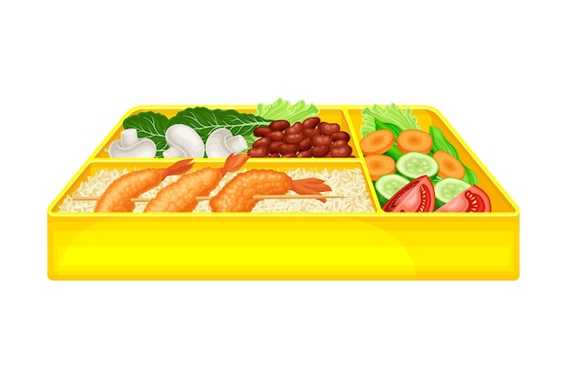 Caja de Bento como comida japonesa para llevar o ilustración vectorial de comidas caseras