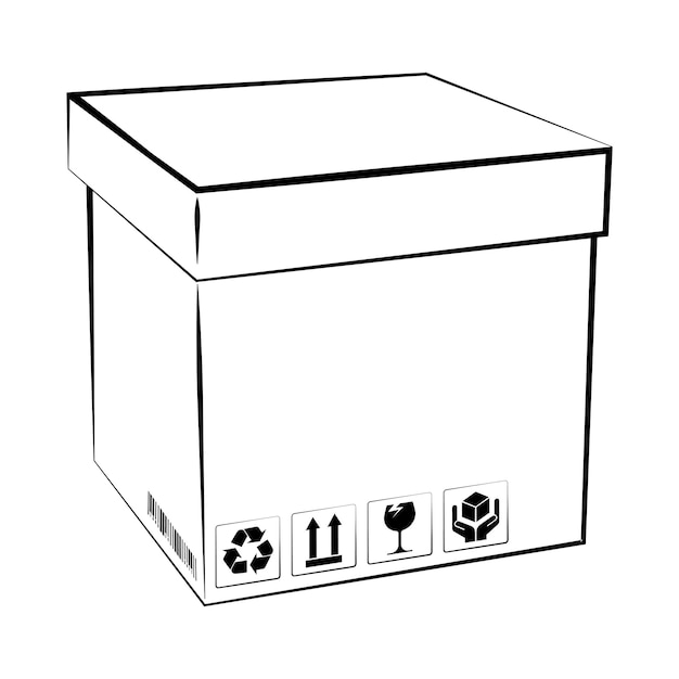 Caja blanca cerrada con código de barras y señales de almacenamiento de carga Envío y entrega a domicilio Regalos y sorpresas con entrega de mensajería Vector aislado sobre fondo blanco