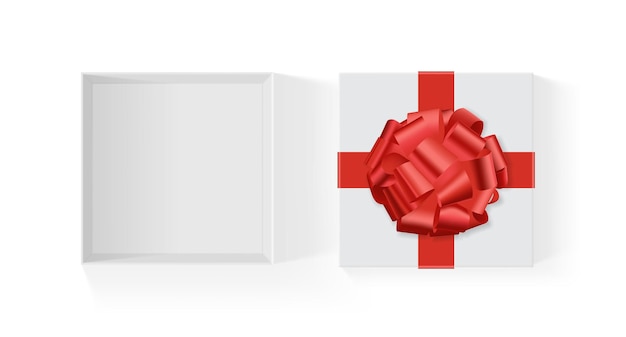 Vector caja blanca con lazo de regalo grande rojo aislado en blanco