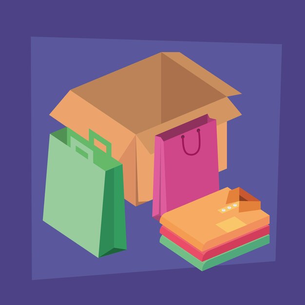 Vector caja con bolsas de compras