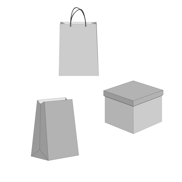 Una caja y bolsas de papel de color gris para ir de compras sobre un fondo blanco.