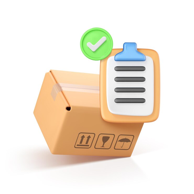 Vector caja de cartón 3d y portapapeles con garrapata concepto de entrega de pedido confirmado lista de verificación de envío entrega de pedido en caja de cartón concepto de entrega rápida correo por mensajería ilustración vectorial