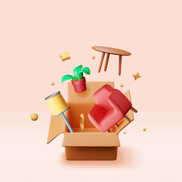 Caja de cartón abierta en 3D con artículos para el hogar aislados