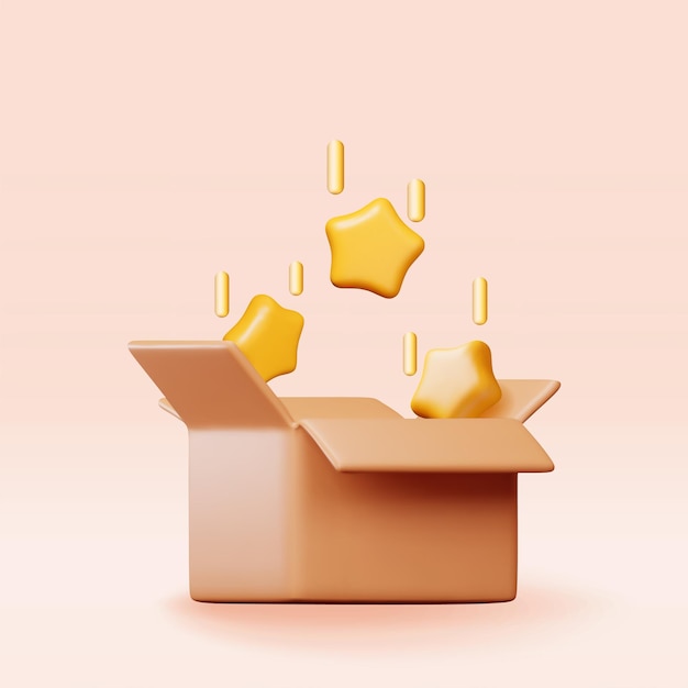 Caja de cartón abierta de 3d con estrellas brillantes