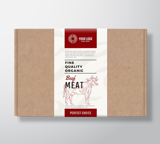 Vector caja de cartón artesanal de carne orgánica de buena calidad.