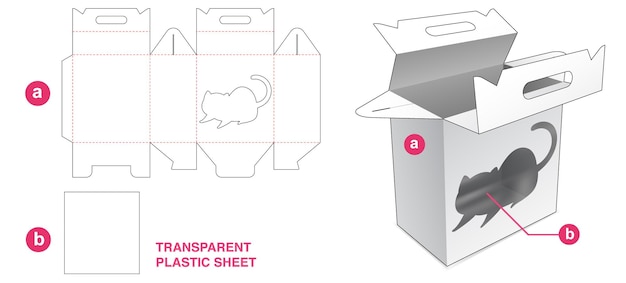 Caja de cartón con asa con ventana de gato y plantilla troquelada de lámina de plástico