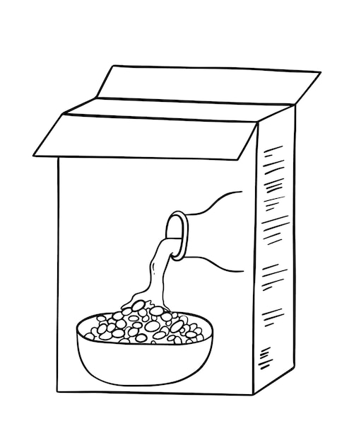 Caja de cartón de cereales que muestra dibujos animados lineales de cartón  y leche | Vector Premium