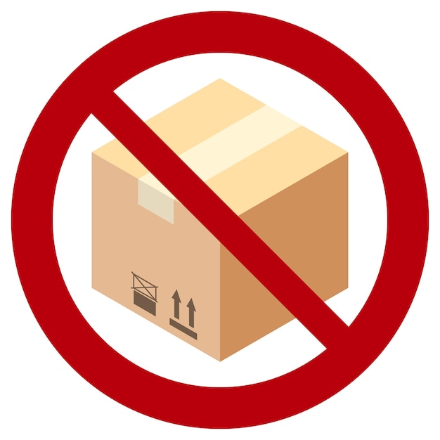 Caja de cartón con círculo cruzado en rojo Sinal de prohibición Diseño plano