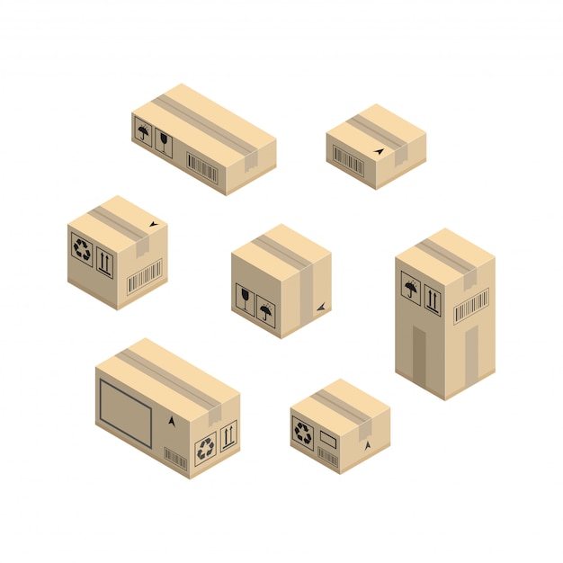 Vector caja de cartón corrugado conjunto de elementos. vector isometrico aislado
