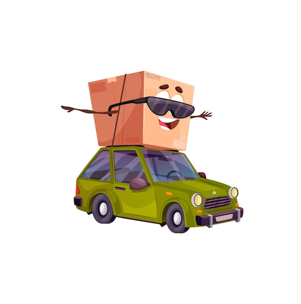 Caja de cartón de dibujos animados de entrega de paquetes en el coche