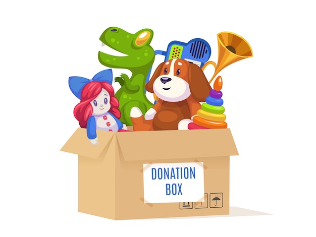 Caja de cartón de donación Apoyo comunitario voluntario familias pobres y huérfanos niños juguetes y juegos muñeca y oso en contenedor ayuda para niños dibujos animados brillante aislado sobre fondo blanco concepto