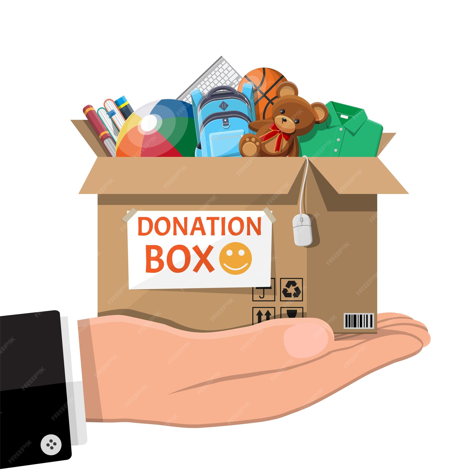 Caja de cartón para donaciones llena de juguetes, libros, ropa y  dispositivos. ayuda para niños, apoyo para niño pobre. donar recipiente en  mano. atención social, voluntariado, concepto de caridad. ilustración  vectorial plana |