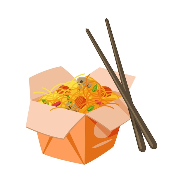 Caja de cartón de fideos para llevar con verduras y palillos Ilustración vectorial de comidas tradicionales asiáticas de comida rápida