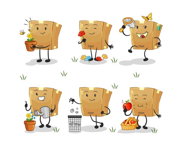 Caja de cartón grupo salva la tierra. mascota de dibujos animados