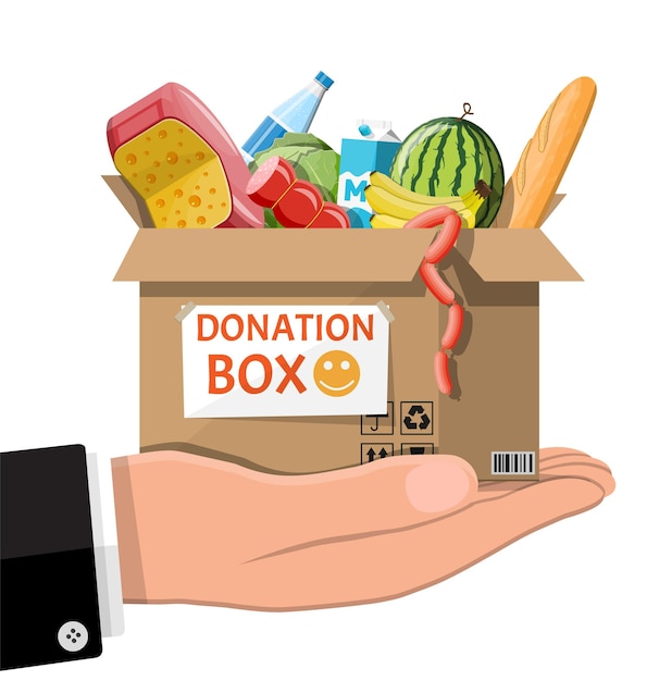 Caja de cartón llena de comida en la mano. Artículos necesarios para donación. Productos de agua, pan, carne, leche, frutas y verduras.