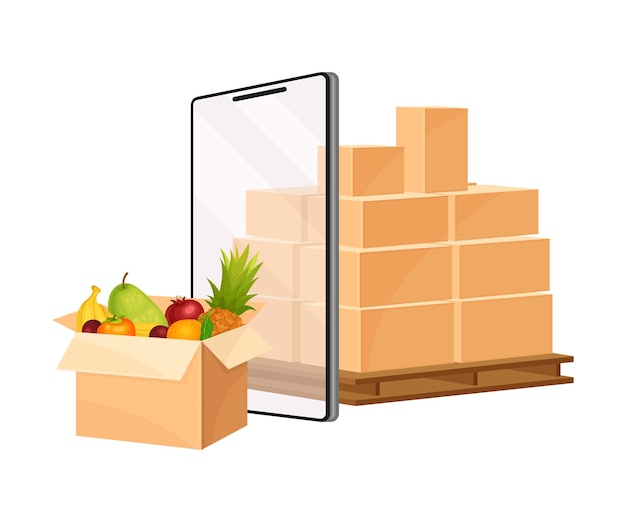 Vector caja de cartón con mercancías y pantalla de ilustración vectorial de teléfono móvil