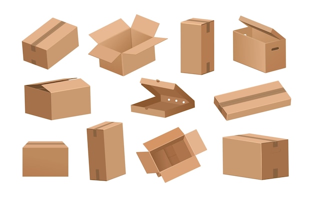 Vector caja de cartón paquetes y paquetes de entrega en 3d de dibujos animados para envío o transporte maqueta de contenedores de papel de reciclaje abiertos y cerrados marrones conjunto de embalaje de almacenamiento vacío vectorial