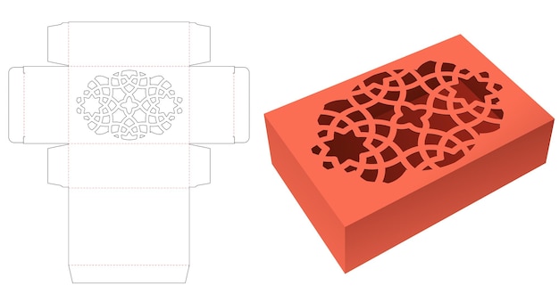 Caja de cartón con plantilla troquelada de ventana de patrón estarcido y maqueta 3d